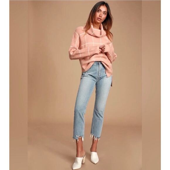 Lulus Sweaters - Lulus Blush Pink and White Cowl Neck Knit Sweater Small